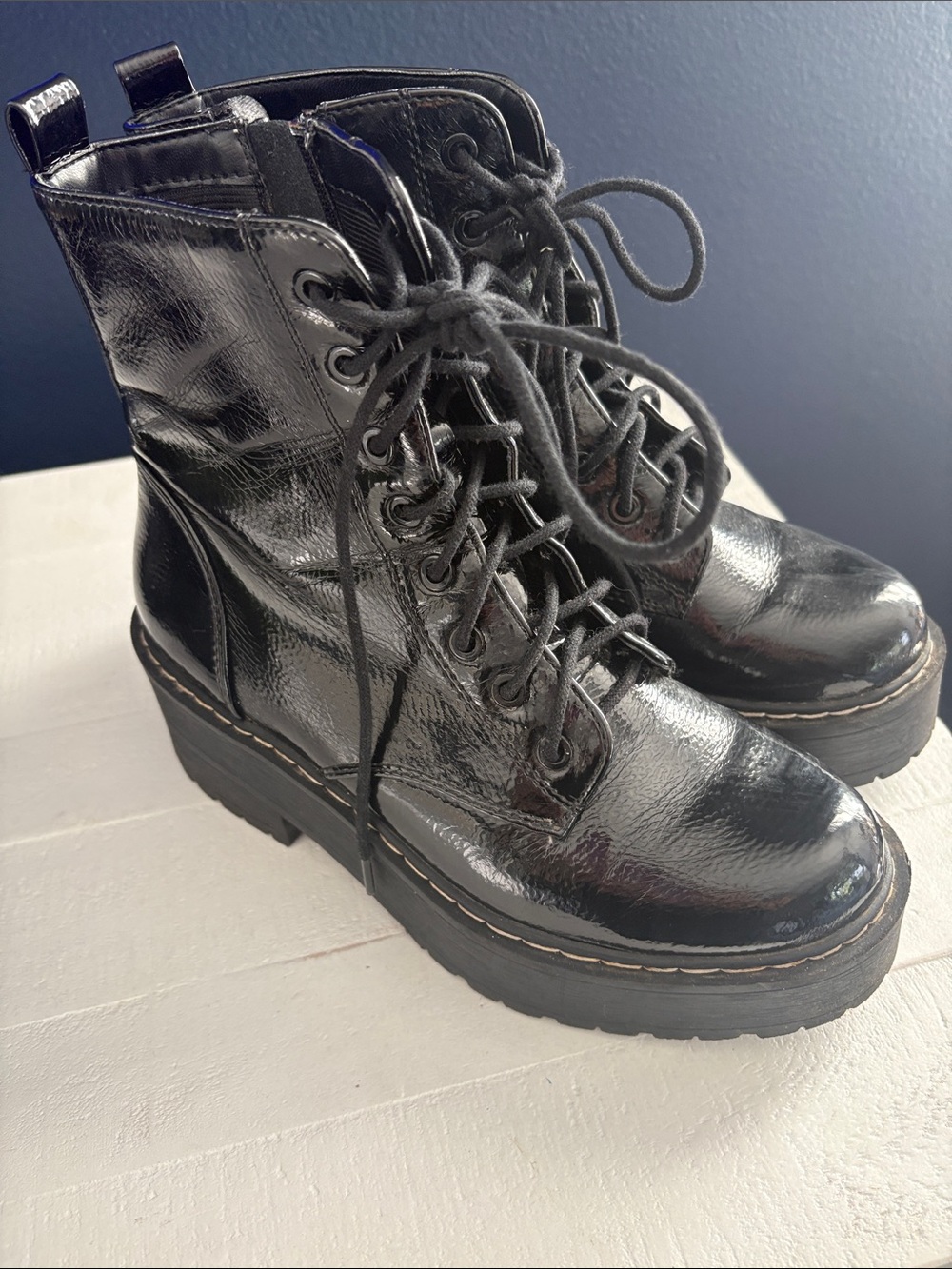 Soda Black Patent Lace-Up Platform Combat Boots - Women's